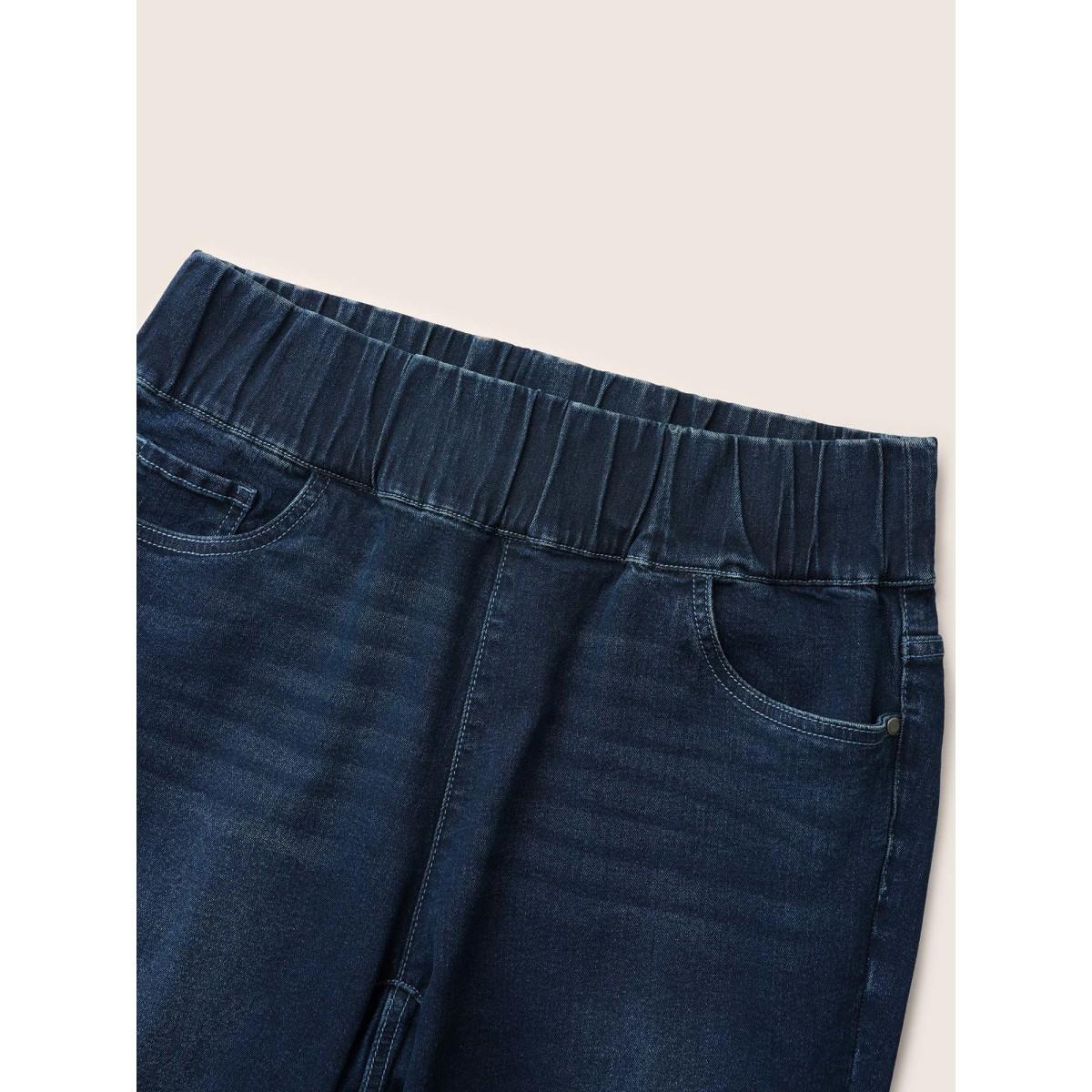 Plus Size Elastic Waist Flare Leg Dark Wash Jeans Women Indigo Casual Plain Non High stretch Slanted pocket Jeans BloomChic 26/4X Product Image
