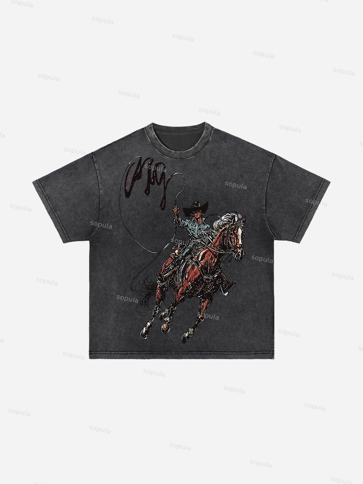 Men's Vintage Western Cowboy Graphic Acid Wash T-shirt Product Image