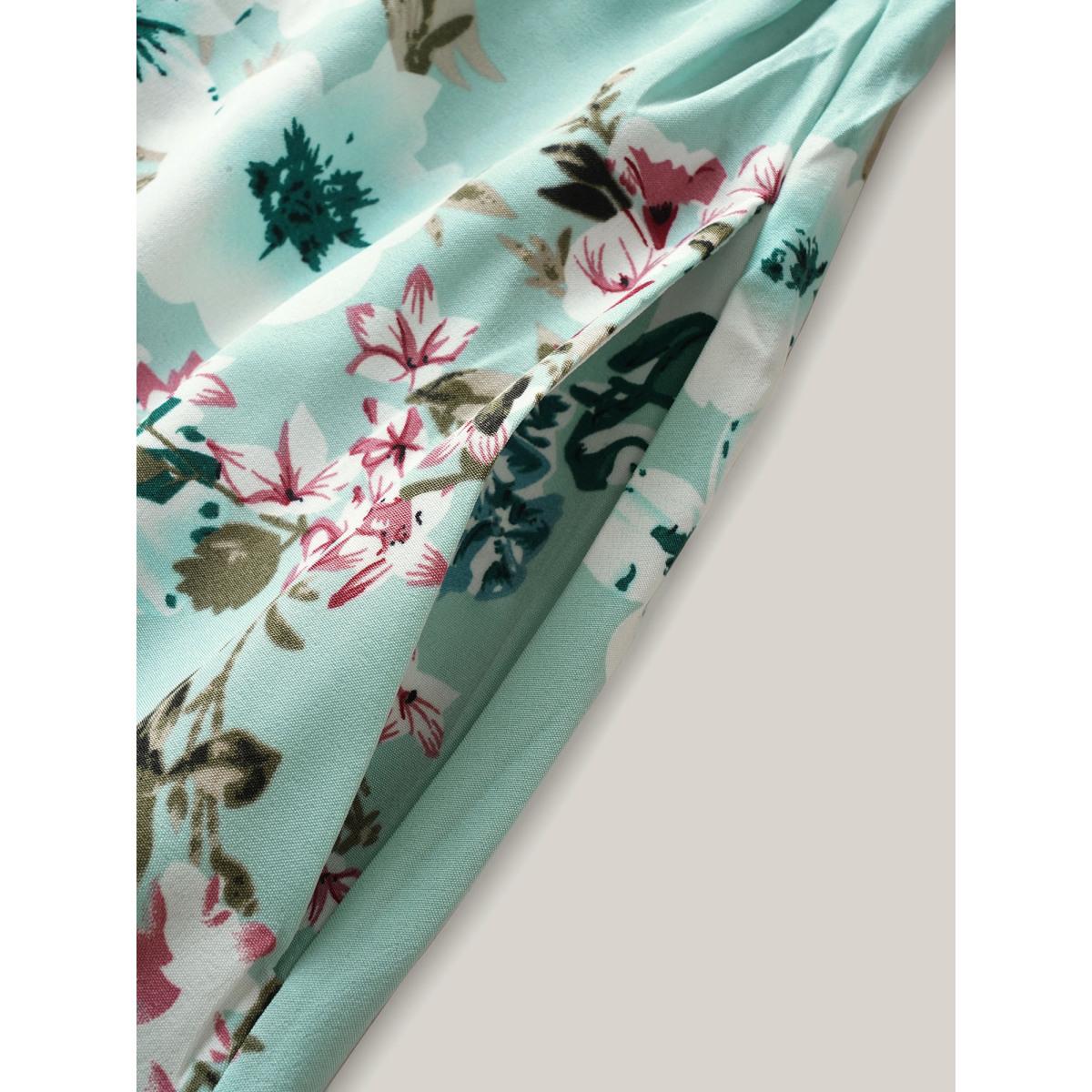 Plus Size Floral Square Neck Ruffles Pocket Shirred Split Dress Turquoise Women Romantic Non Square Neck Short sleeve Curvy BloomChic 14-16/1X Product Image