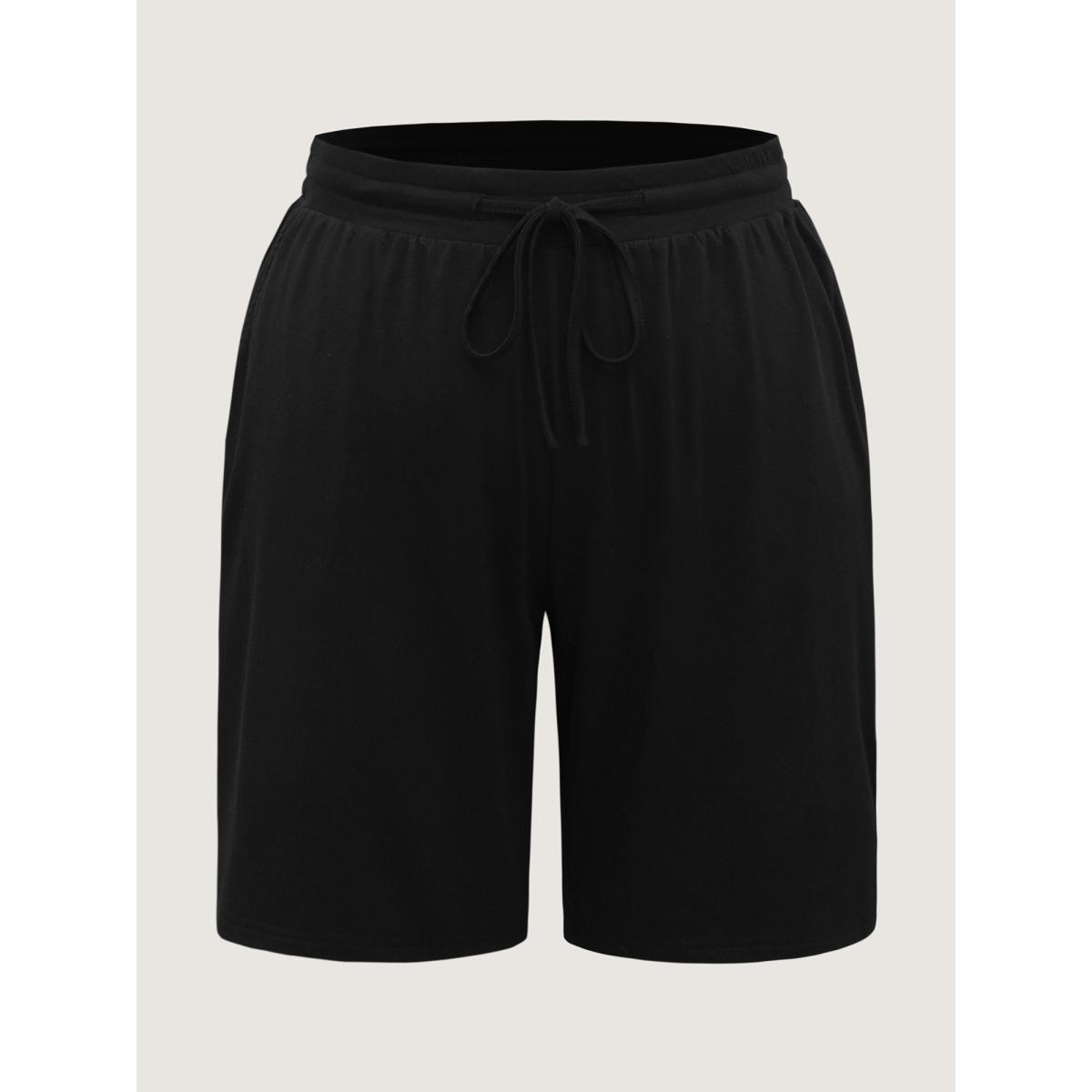Plus Size Stretchy Slit Drawstring Straight-Leg Shorts Women Black Leisure Drawstring Straight Leg Casual Shorts BloomChic 30/6X Product Image