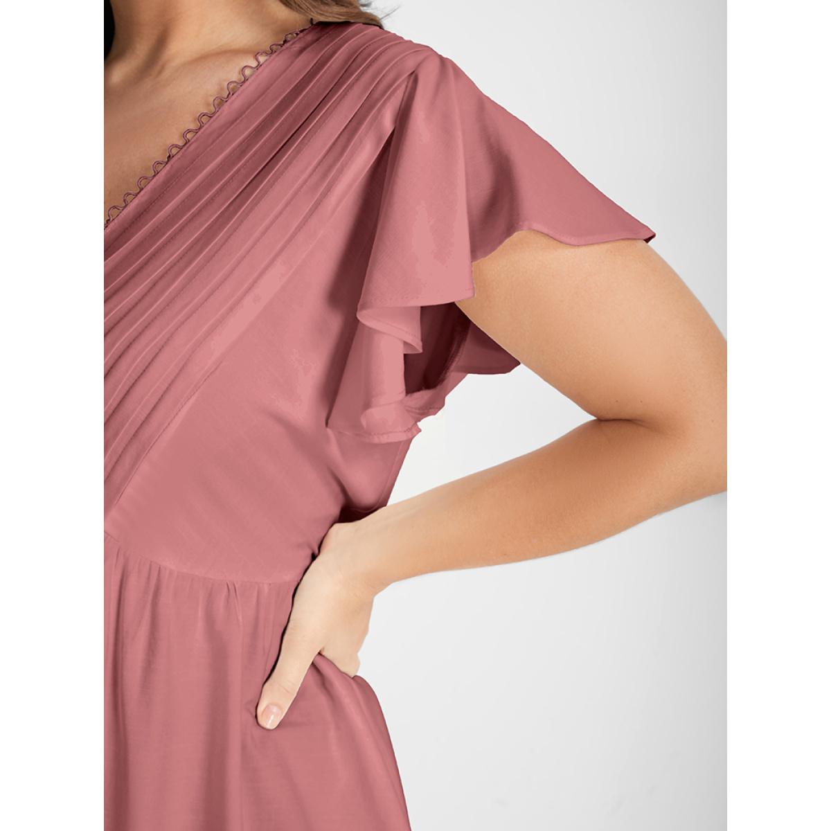 Pleated Flutter Sleeve Plain Plus Size Women Dailywear Blouses Short Sleeve V Neck Elegance Blouses BloomChic Product Image