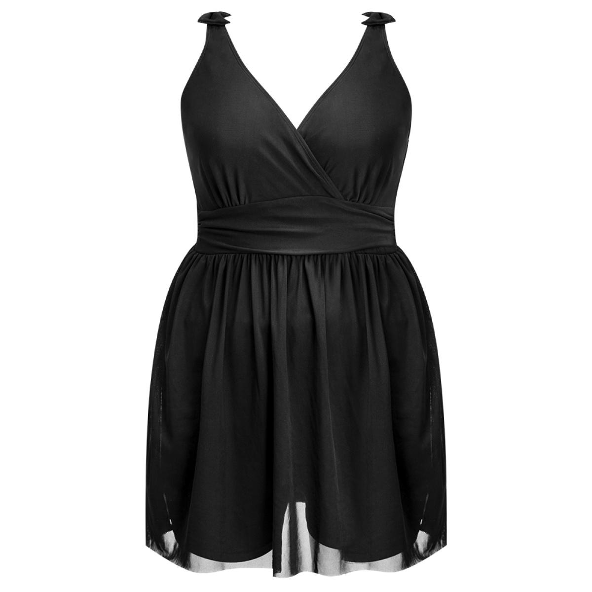Plus Size Sculpt Waist Ruched Split Hem Swim Dress Women's Swimwear Black Beach Bodycon V-neck High stretch Curve Swim Dresses BloomChic 18-20/2X Product Image