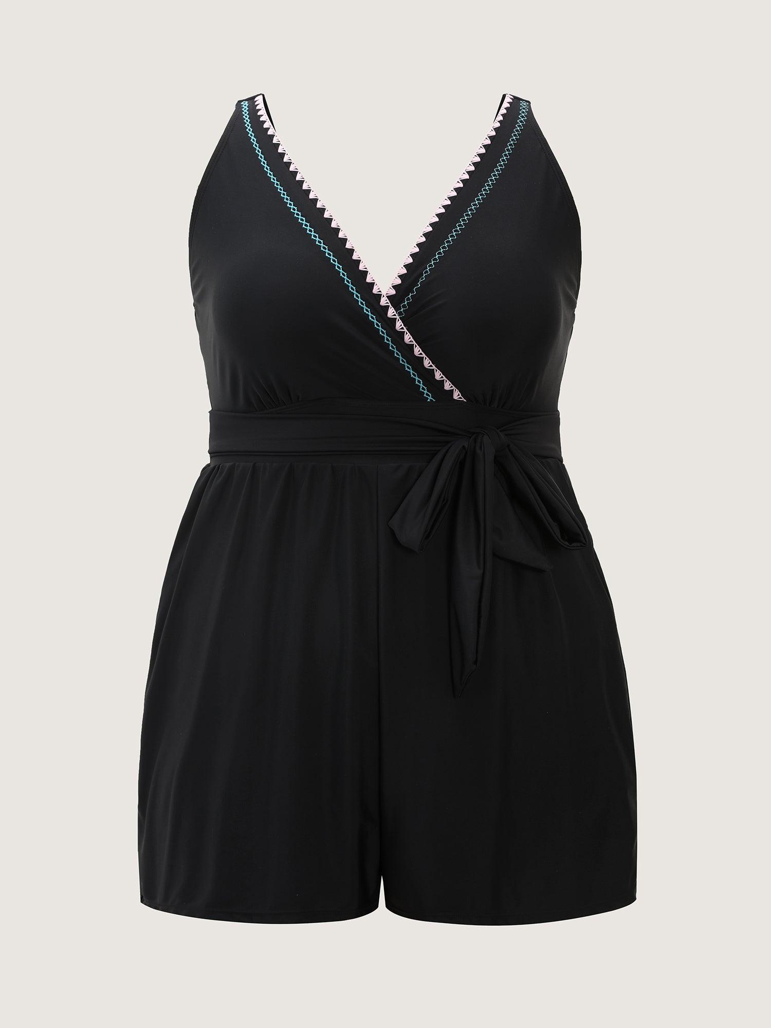 Embroidered Color Contrast Pockets One Piece Swimsuit Female Product Image