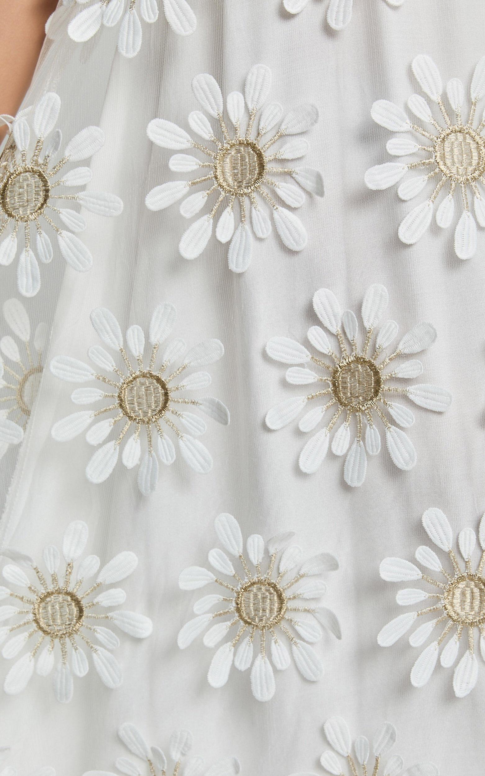 Candice Midi Dress - Straight Neck Floral Embroidery Detail Shift Dress in White Product Image