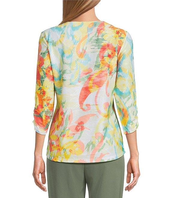 Allison Daley Ikat Floral Print 3/4 Ruched Sleeve Crew Neck Linear Jacquard Knit Top Product Image