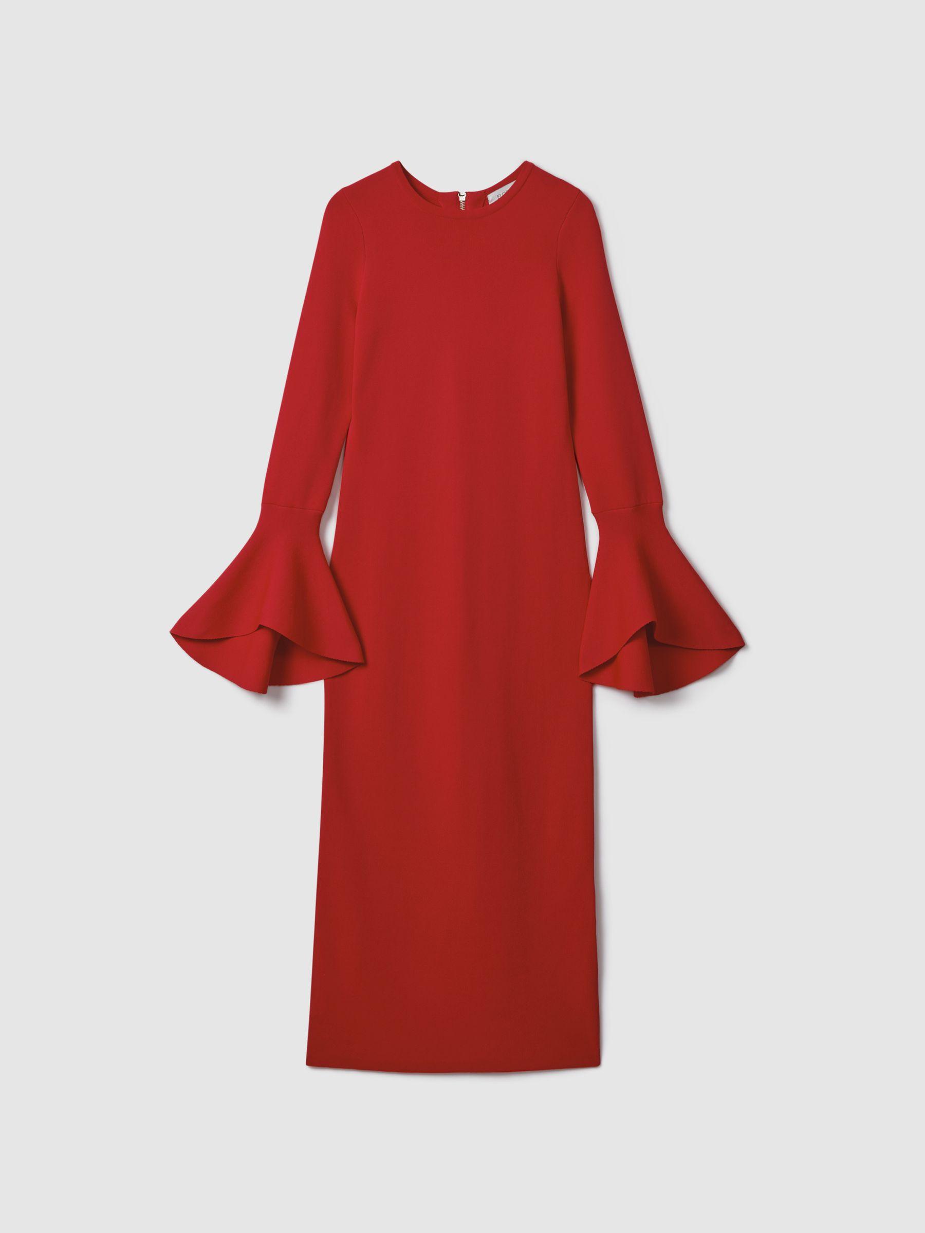 Florere Fitted Fluted Cuff Midi Dress in Red Product Image