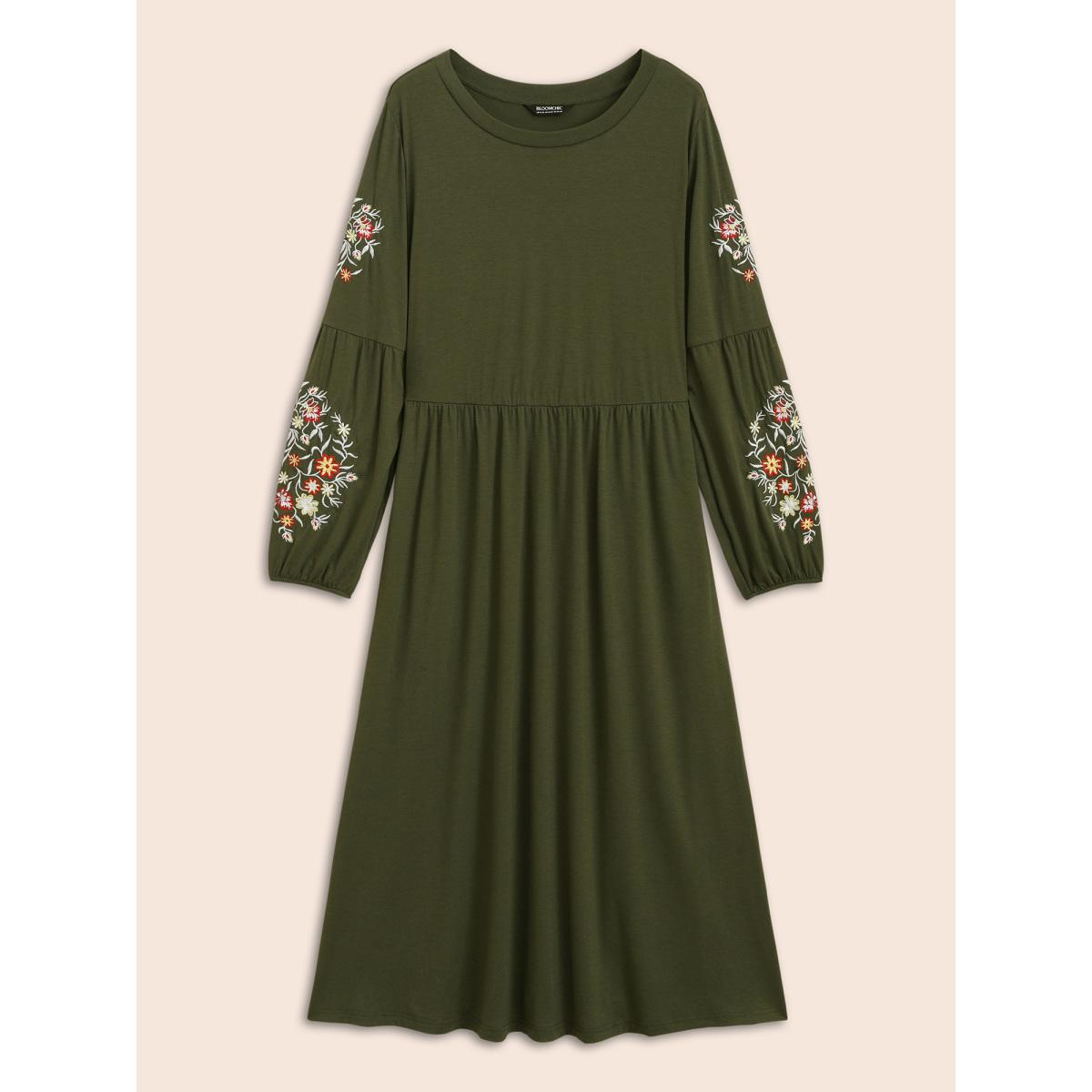 Plus Size Floral Embroidered Elastic Waist Gathered Dress ArmyGreen Women Casual Embroidered Round Neck Long Sleeve Curvy BloomChic 14-16/1X Product Image
