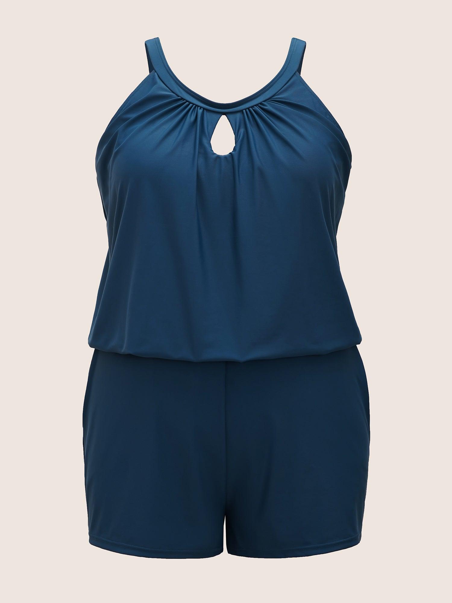 Solid Keyhole Elastic Waist Gathered One Piece Swimsuit Female Product Image