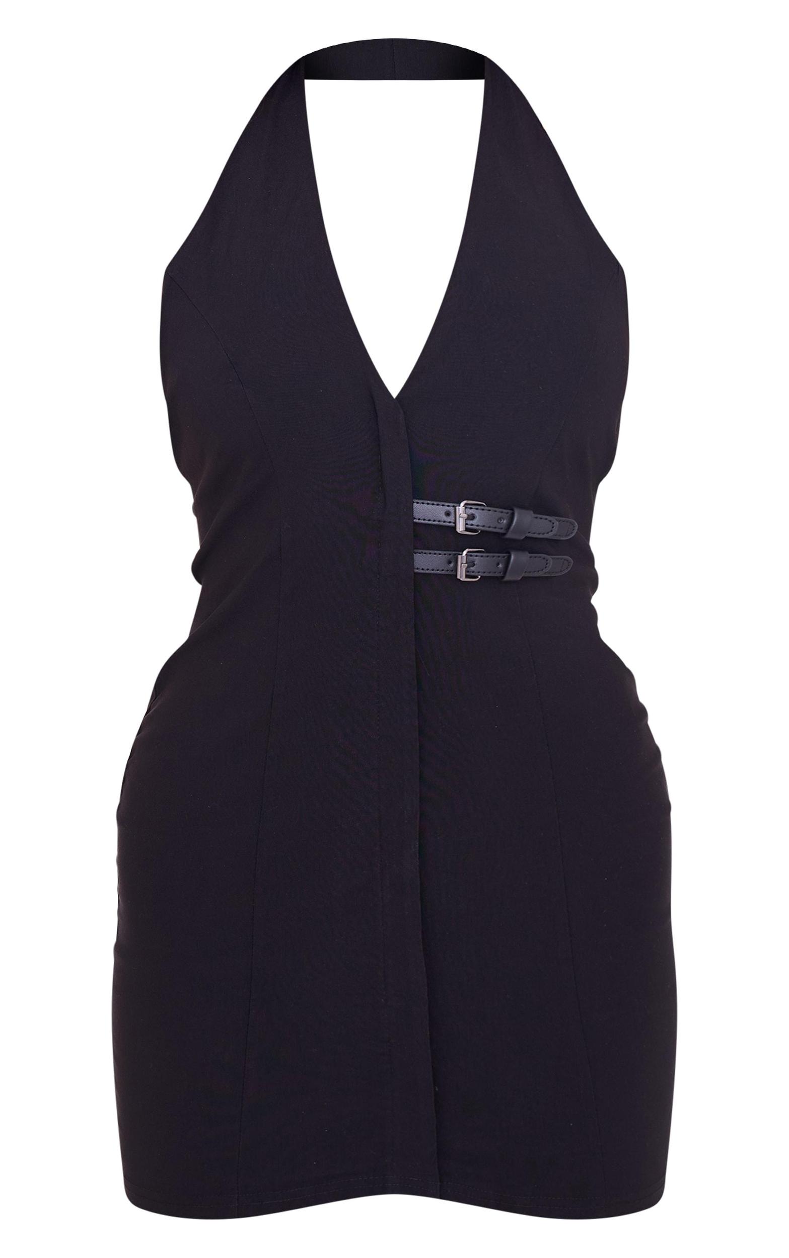 Black Stretch Woven Belted Bodycon Dress Product Image