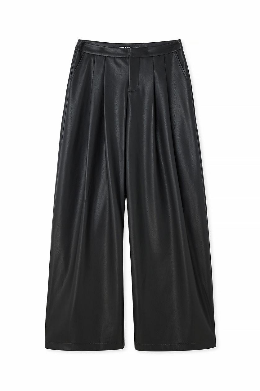 Mid Waist Wide Leg Pleated PU Trousers Product Image
