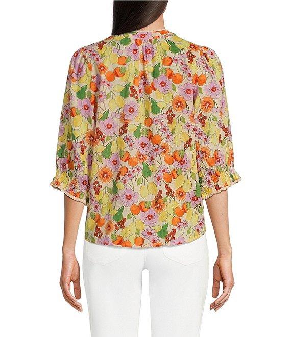 Democracy Woven Floral Fruit Print Round Neck Elbow Sleeve Half Button Front Placket Pintuck Detail Top Product Image