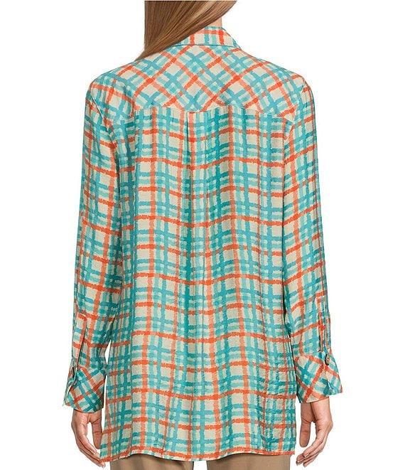 Multiples Plaid Print Crinkle Woven Long Sleeve Turn-Up Cuffs Hi-Low Button-Front Shirt Product Image