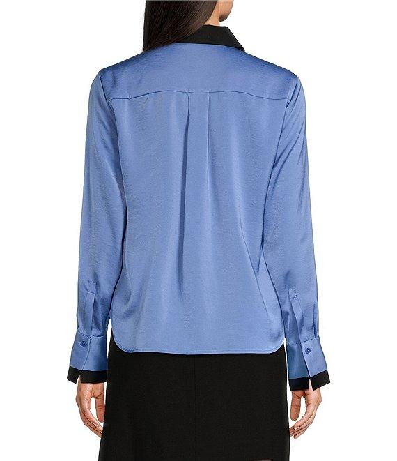 DKNY by Donna Karan Sueded Satin Contrast Point Collar Long Sleeve Button-Front Shirt Product Image