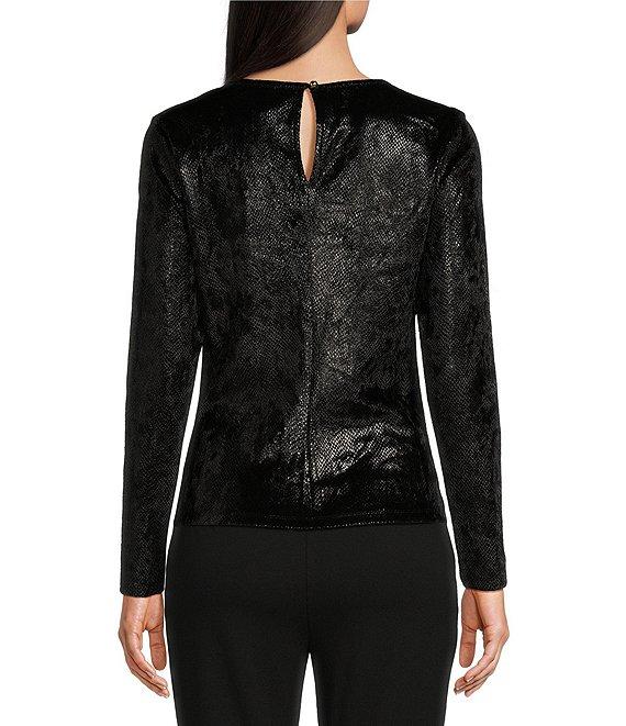 Michael Kors Foil-Printed Velvet Gold Chain Keyhole Crew Neck Long Sleeve Ruched Top Product Image