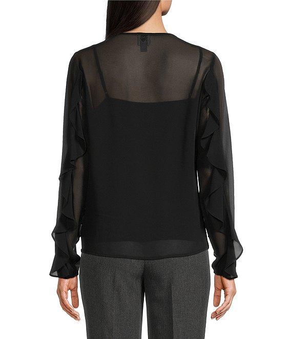 Anne Klein Round Collar Long Sleeves Ruffe Front and Sleeve Tie Front Blouse Product Image