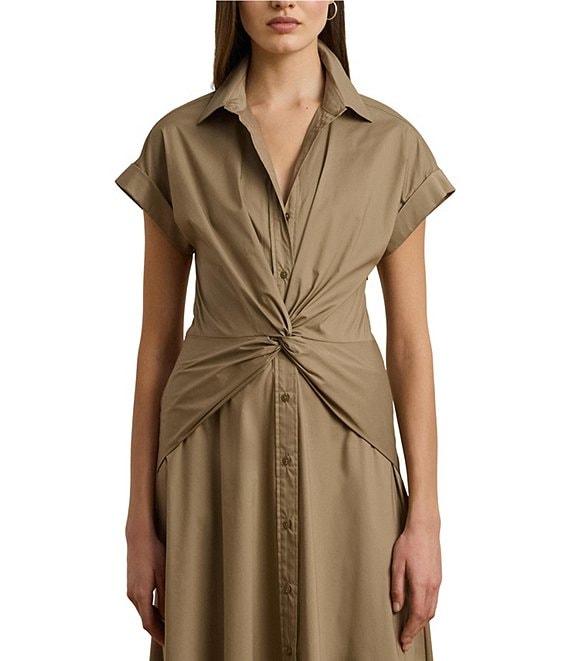 Lauren Ralph Lauren Cotton Blend Twist-Front Point Collar Neck Short Sleeve Button Front Shirt Midi Dress Product Image