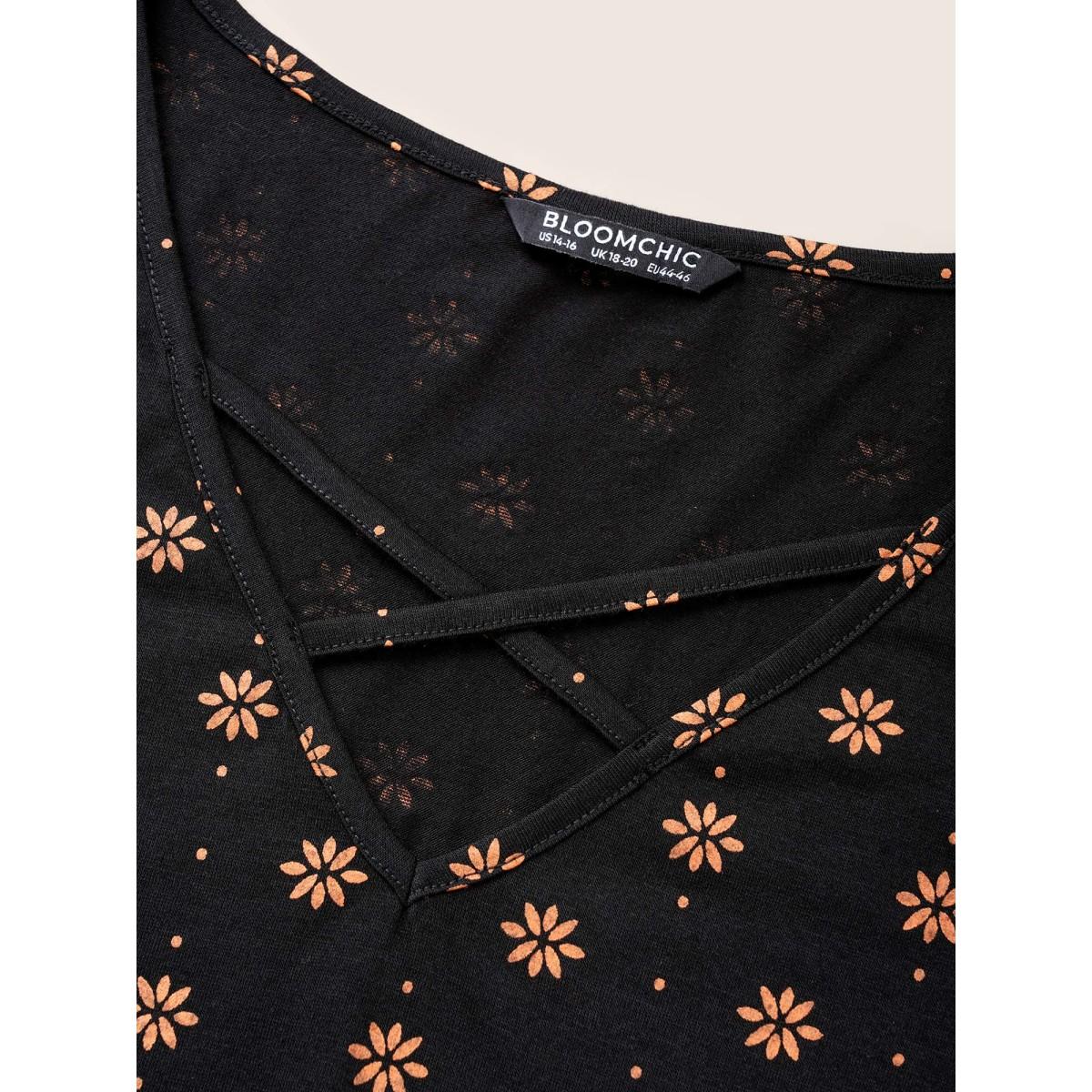 Plus Size Ditsy Floral Print Crisscross Neck T-shirt BlackFlower Women Casual Cross straps Ditsy Floral V-neck Everyday T-shirts BloomChic 30/6X Product Image