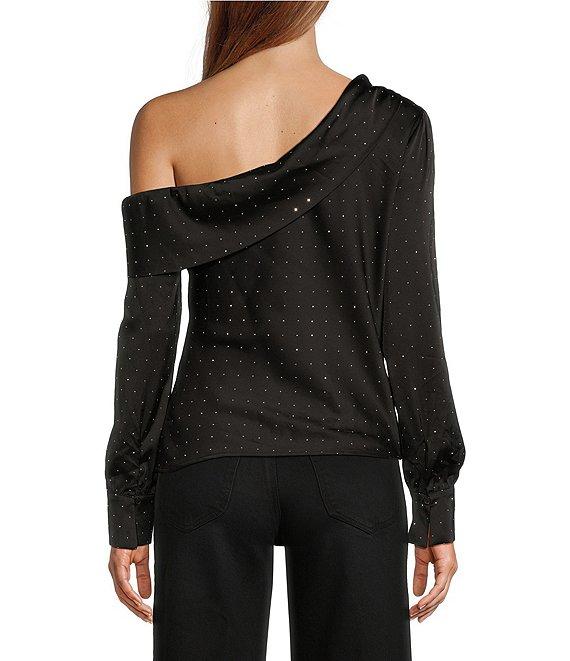 ASTR The Label Ellen Satin One-Shoulder Neck Long Sleeve Rhinestone Top Product Image