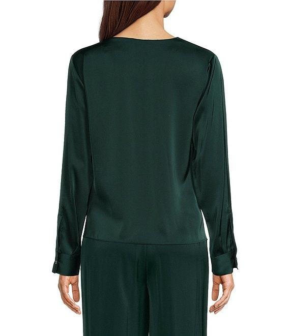 Calvin Klein Crepe V-Neck Long Sleeve Knot Front Blouse Product Image
