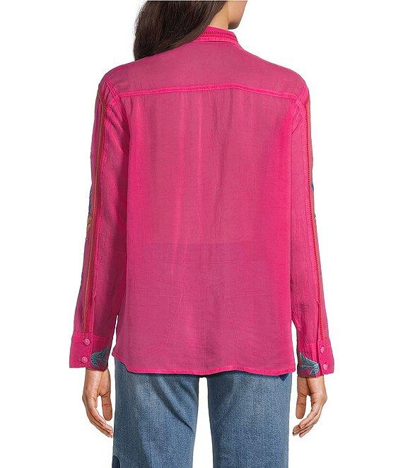 Johnny Was Velouria Embroidered Collar V-Neck Long Sleeve Button Front Blouse Product Image