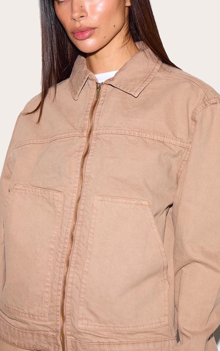 Taupe Boxy Contrast Seam Carpenter Denim Jacket Product Image