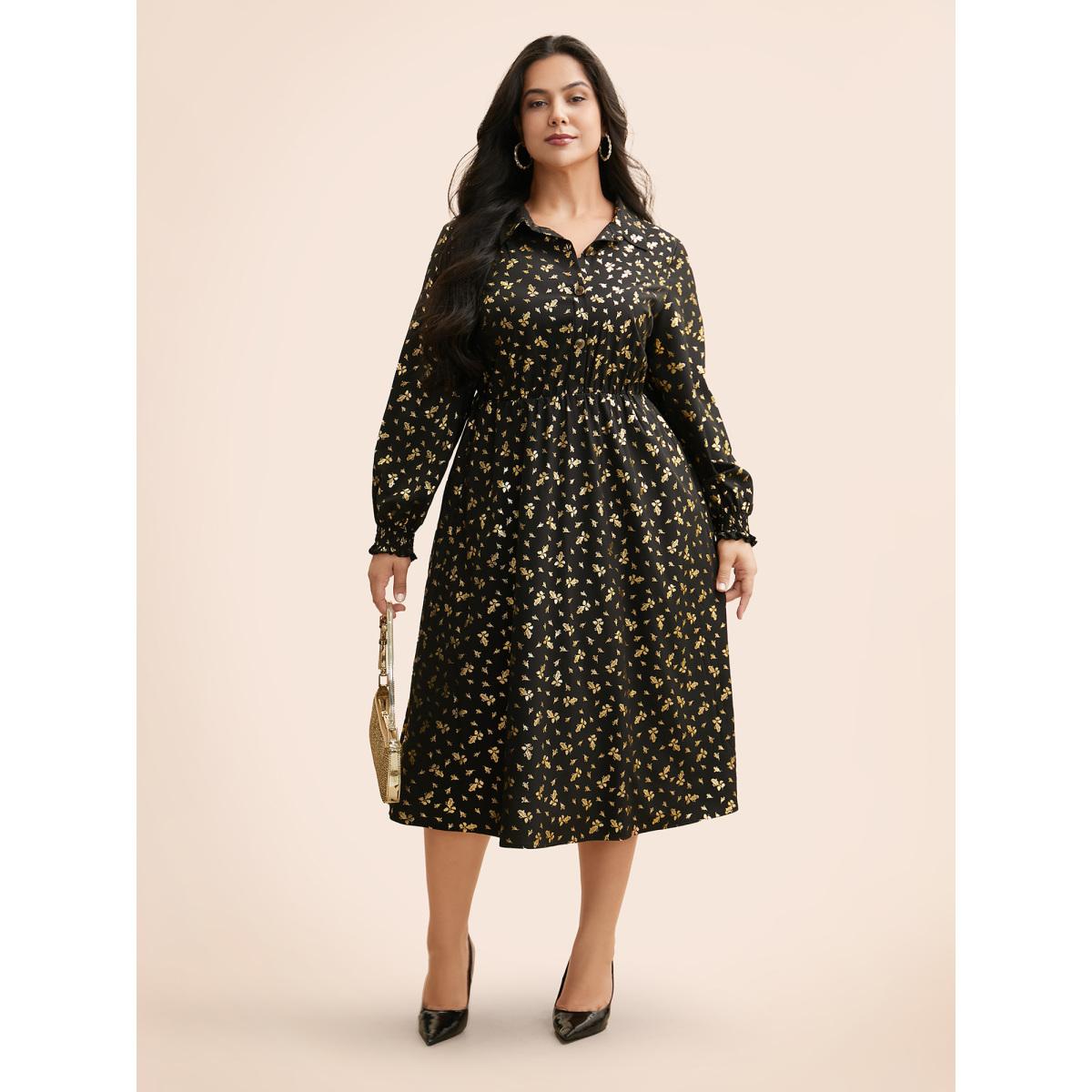 Plus Size Glitter Floral Frill Trim Shirred Dress Black Women Cocktail Texture Party Curvy Bloomchic 30/6X Product Image