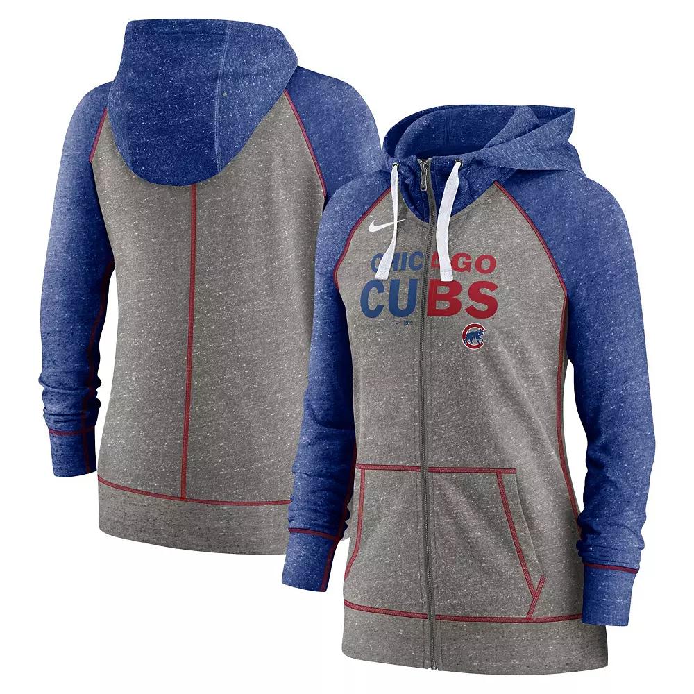 Women's Nike Heathered Charcoal/Royal Chicago Cubs Split Wordmark Gym Vintage Raglan Full-Zip Hoodie, Size: Medium Product Image
