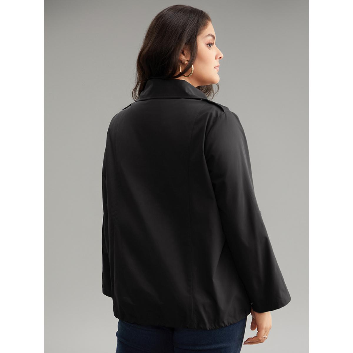 Plus Size Solid Zipper Detail Button Up Drawstring Jacket Women Black Plain Pocket Dailywear Jackets BloomChic 12/L Product Image
