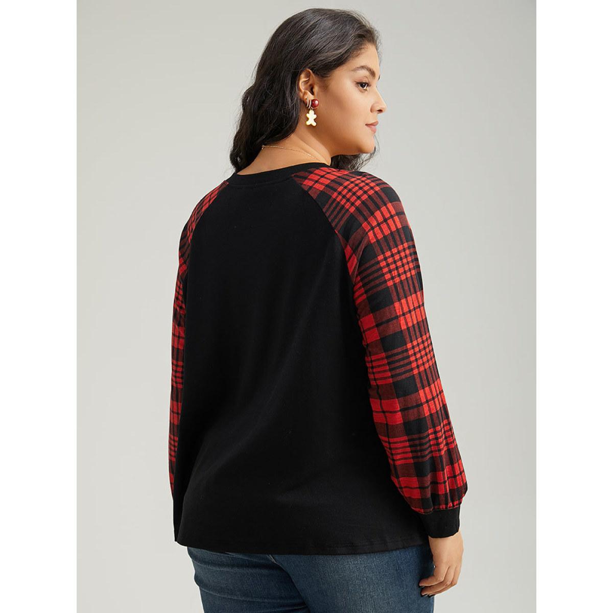 Plus Size Plaid Contrast Stitch Raglan Sleeve T-shirt Black Women Casual Elastic cuffs Plaid Round Neck Festival-Christmas T-shirts BloomChic 10/M Product Image