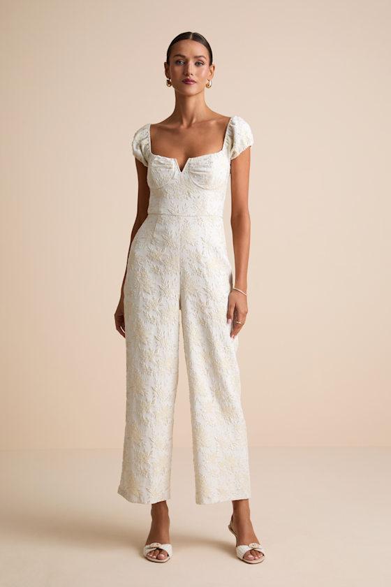 New Glam Cream Floral Jacquard Bustier Off-the-Shoulder Jumpsuit Product Image