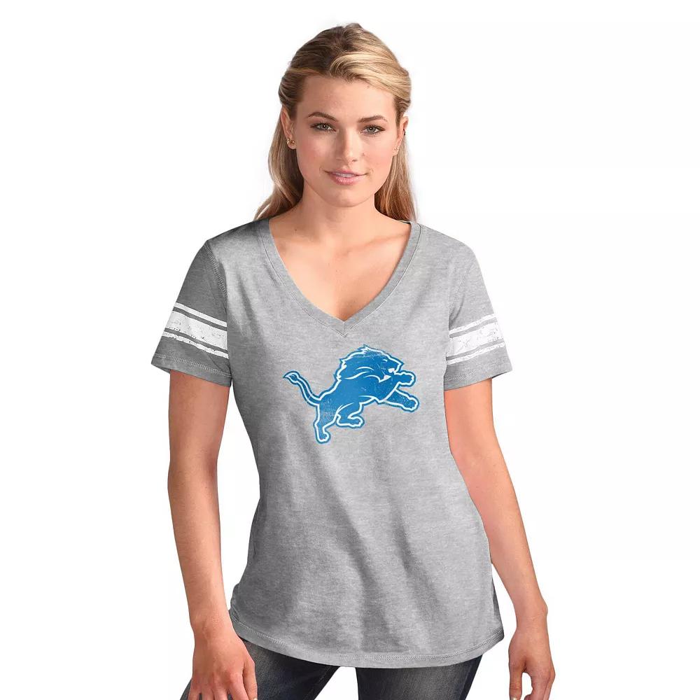 Women's G-III 4Her by Carl Banks Heather Gray Detroit Lions First Pick Distressed V-Neck T-Shirt,  Product Image