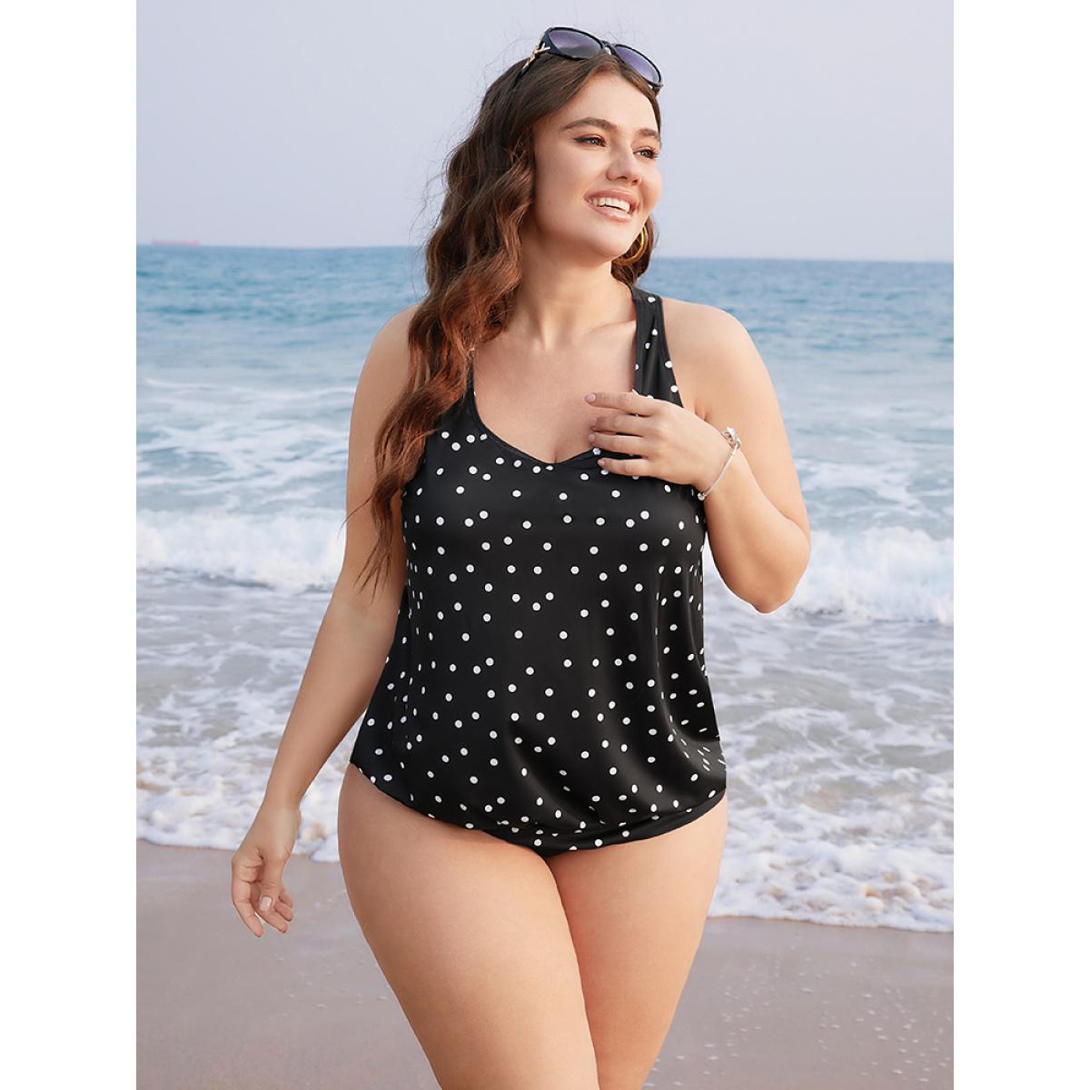 Plus Size Polka Dot Sleeveless Tankini Top Women's Swimwear Black Vacation Printed High stretch Round Neck Curve Swim Tops BloomChic 26/4X Product Image