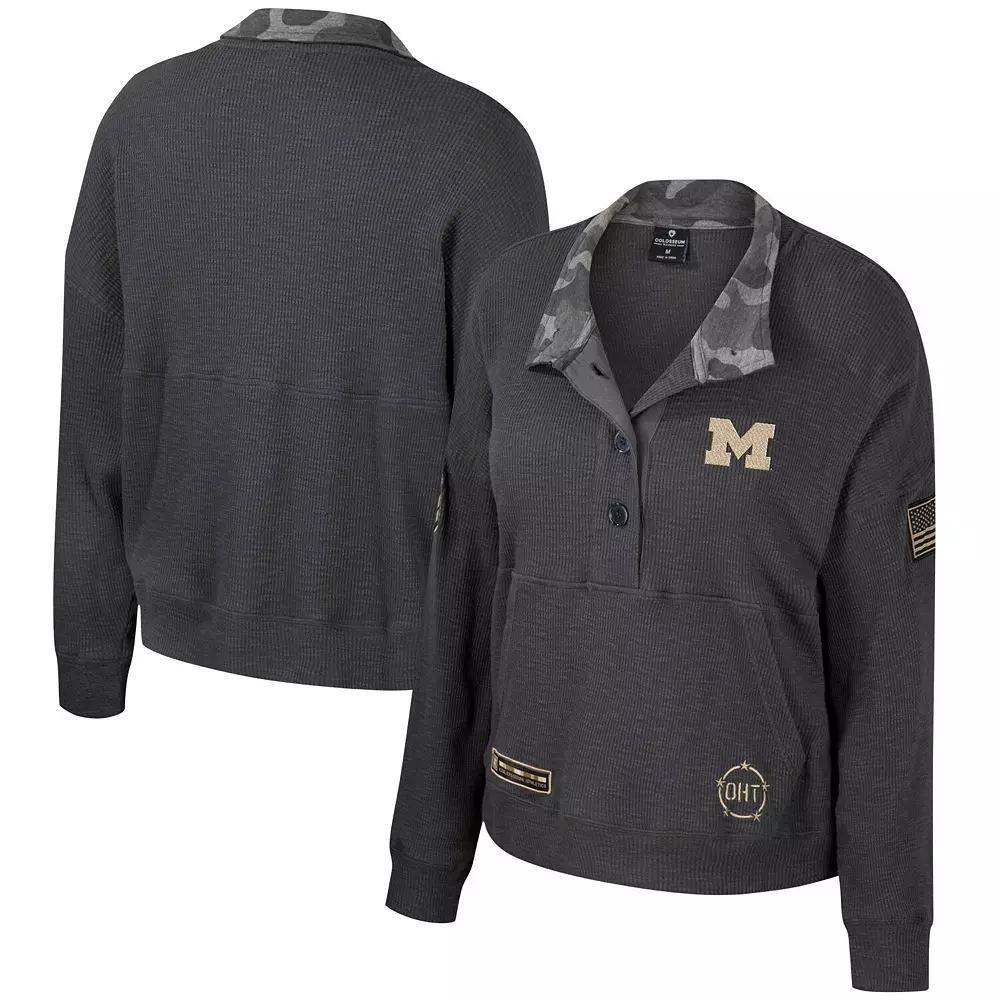Women's Colosseum  Heather Charcoal Michigan Wolverines OHT Military Appreciation Payback Henley Thermal Sweatshirt, Size: Large Product Image