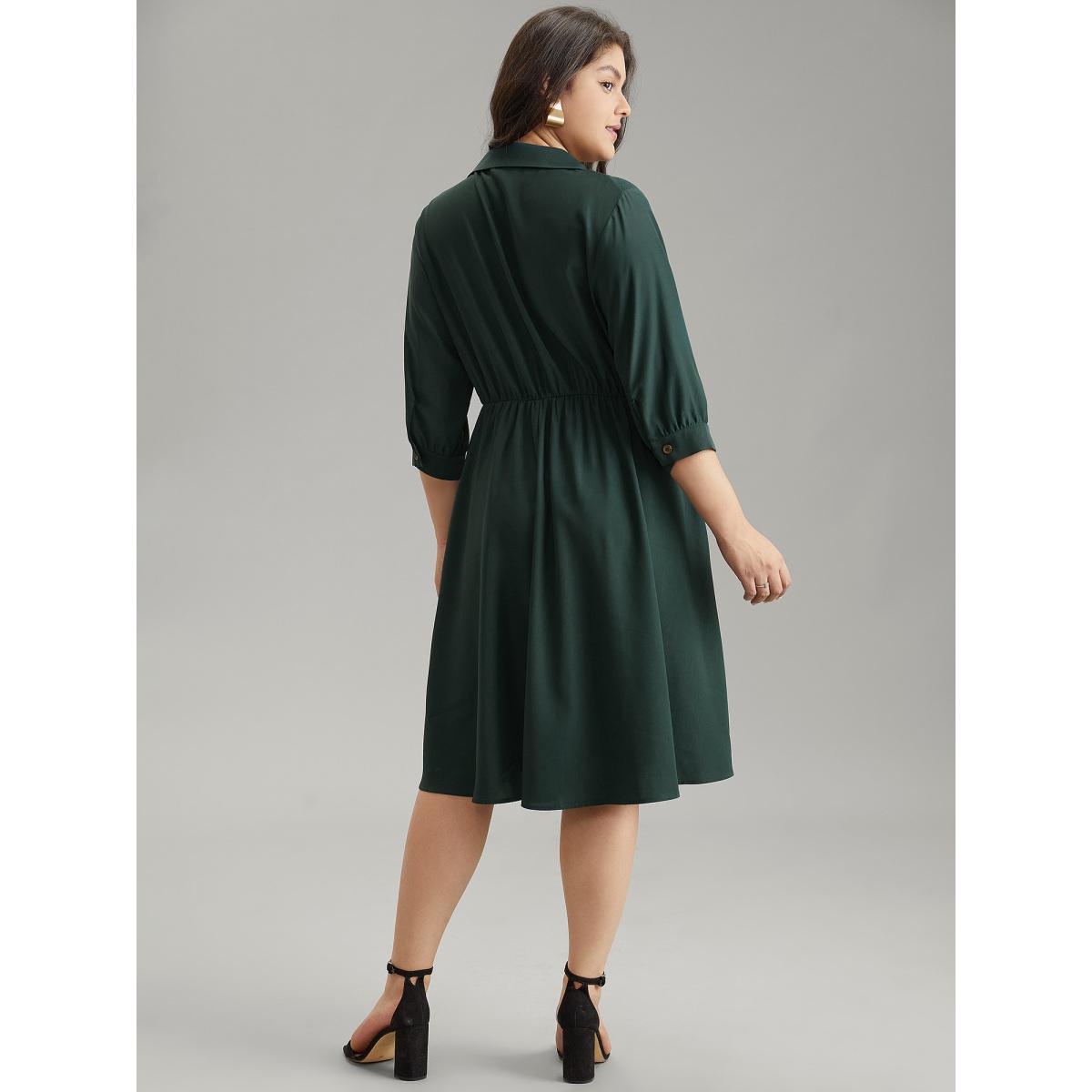Plus Size Lapel Collar Elastic Waist Button Detail Midi Dress DarkGreen Women Work From Home Texture Lapel Collar Elbow-length sleeve Curvy Midi Dress BloomChic 22-24/3X Product Image