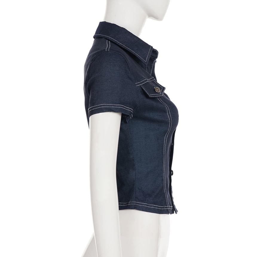 Short-Sleeve V-Neck Contrast Stitching Denim Crop Slim Fit Shirt Product Image