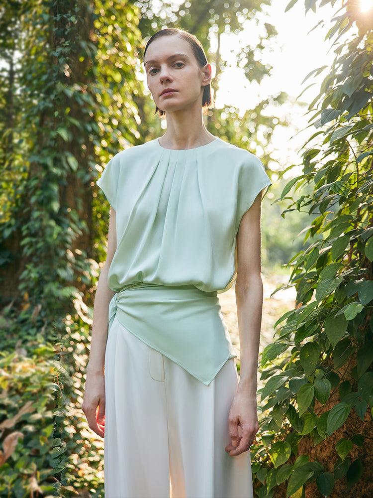 22 Momme Mulberry Silk Round Neck Ruched Women Blouse Product Image