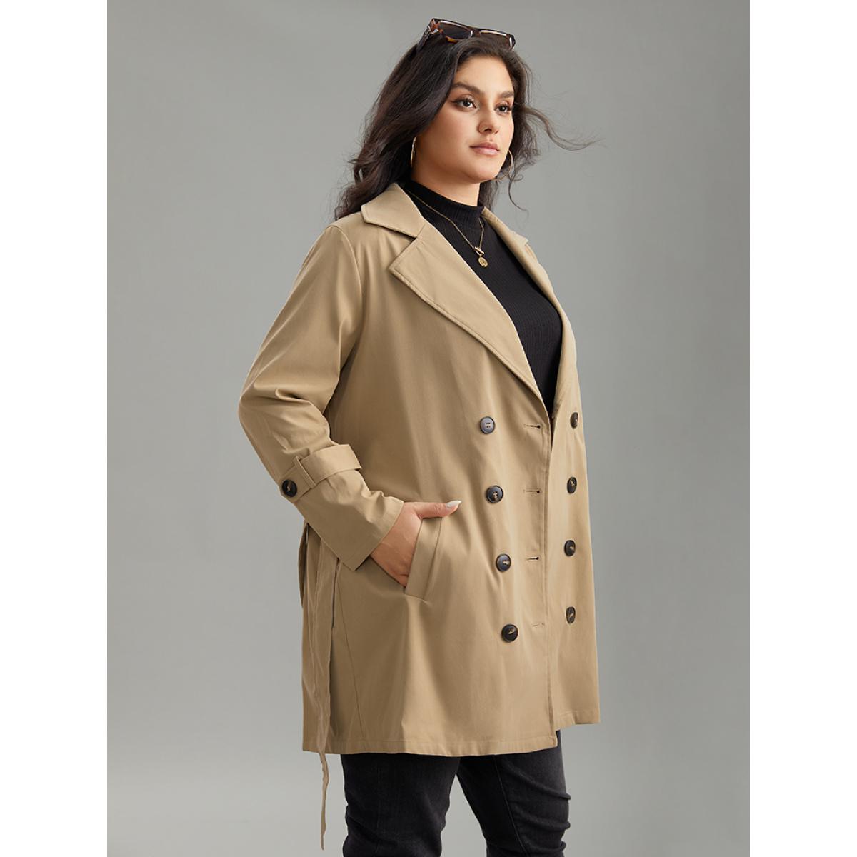 Plus Size Plain Double Breasted Lapel Collar Belted Trench Coat Women Champagne Casual Plain Ladies Everyday Winter Coats BloomChic 18-20/2X Product Image