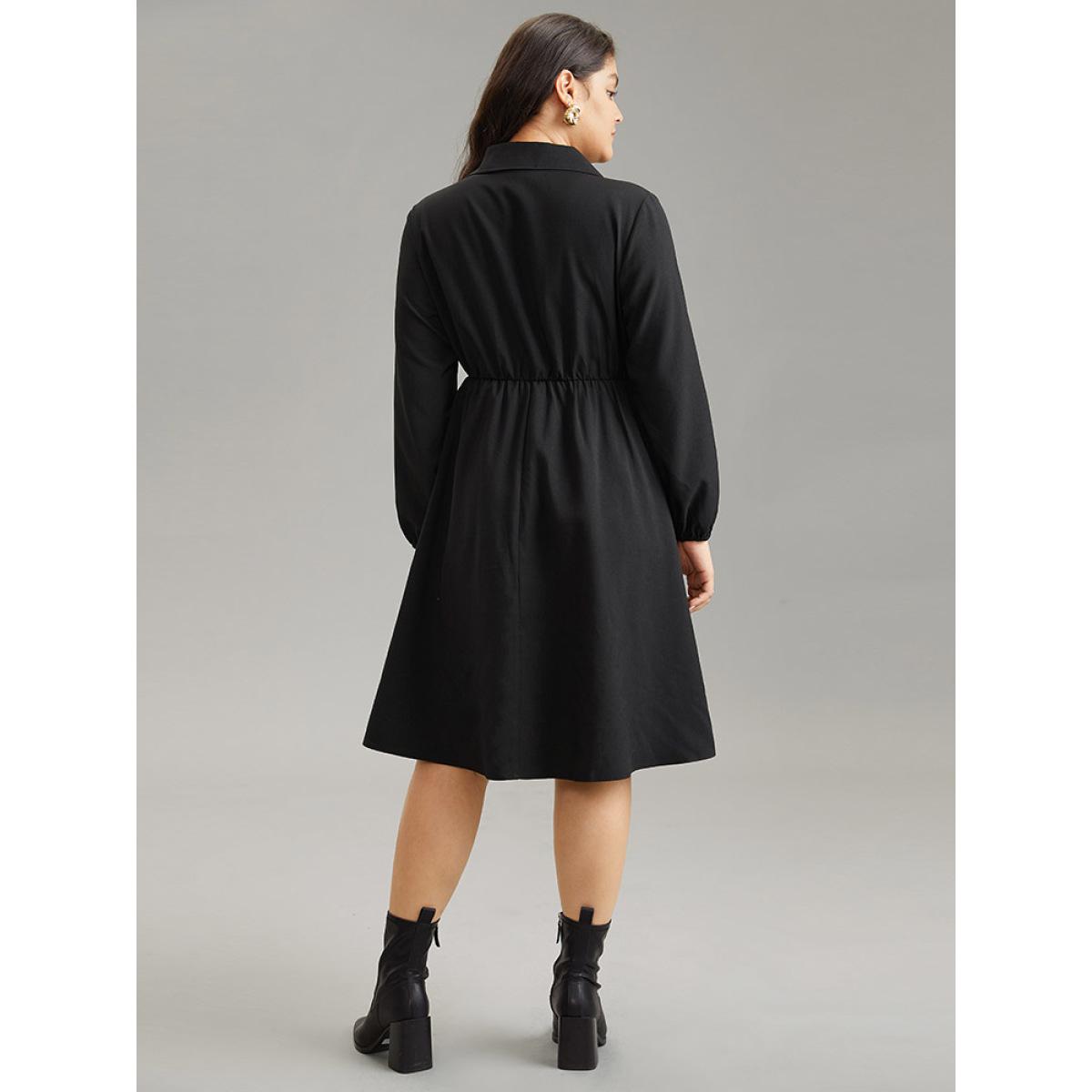 Plus Size Static-Free Suit Collar Button Detail Elastic Waist Dress Black Women At the Office Elastic cuffs Suit Collar Long Sleeve Curvy Midi Dress BloomChic 10/M Product Image