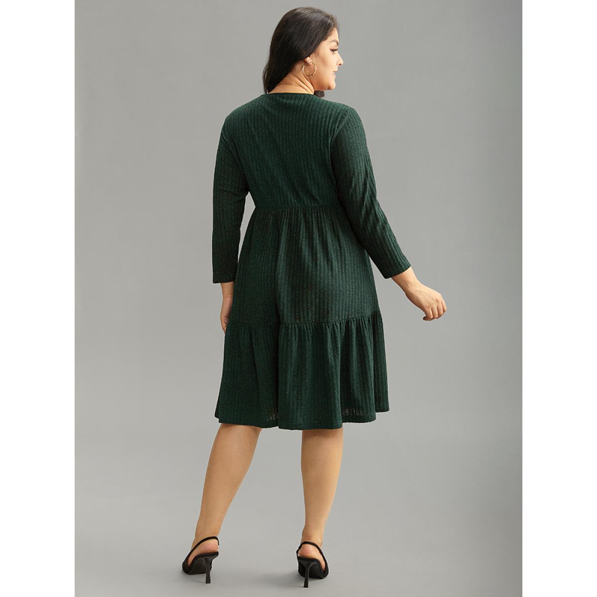 Plus Size Rib Knit Round Neck Ruffle Layered Hem Dress DarkGreen Women Casual Texture Round Neck Long Sleeve Curvy Knee Dress BloomChic 30/6X Product Image