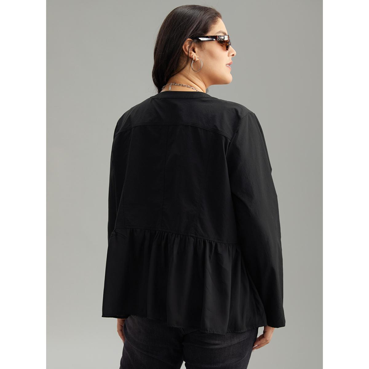 Plus Size Solid Buckle Detail Ruffles Patchwork Jacket Women Black Casual Plain Ladies Dailywear Winter Coats BloomChic 18-20/2X Product Image