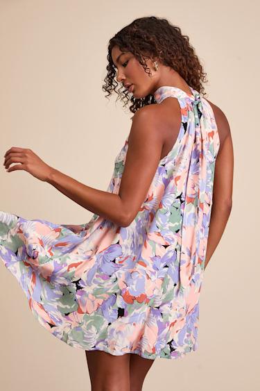 Tied Back To You Lavender Multi Floral Print Mini Shift Dress Product Image