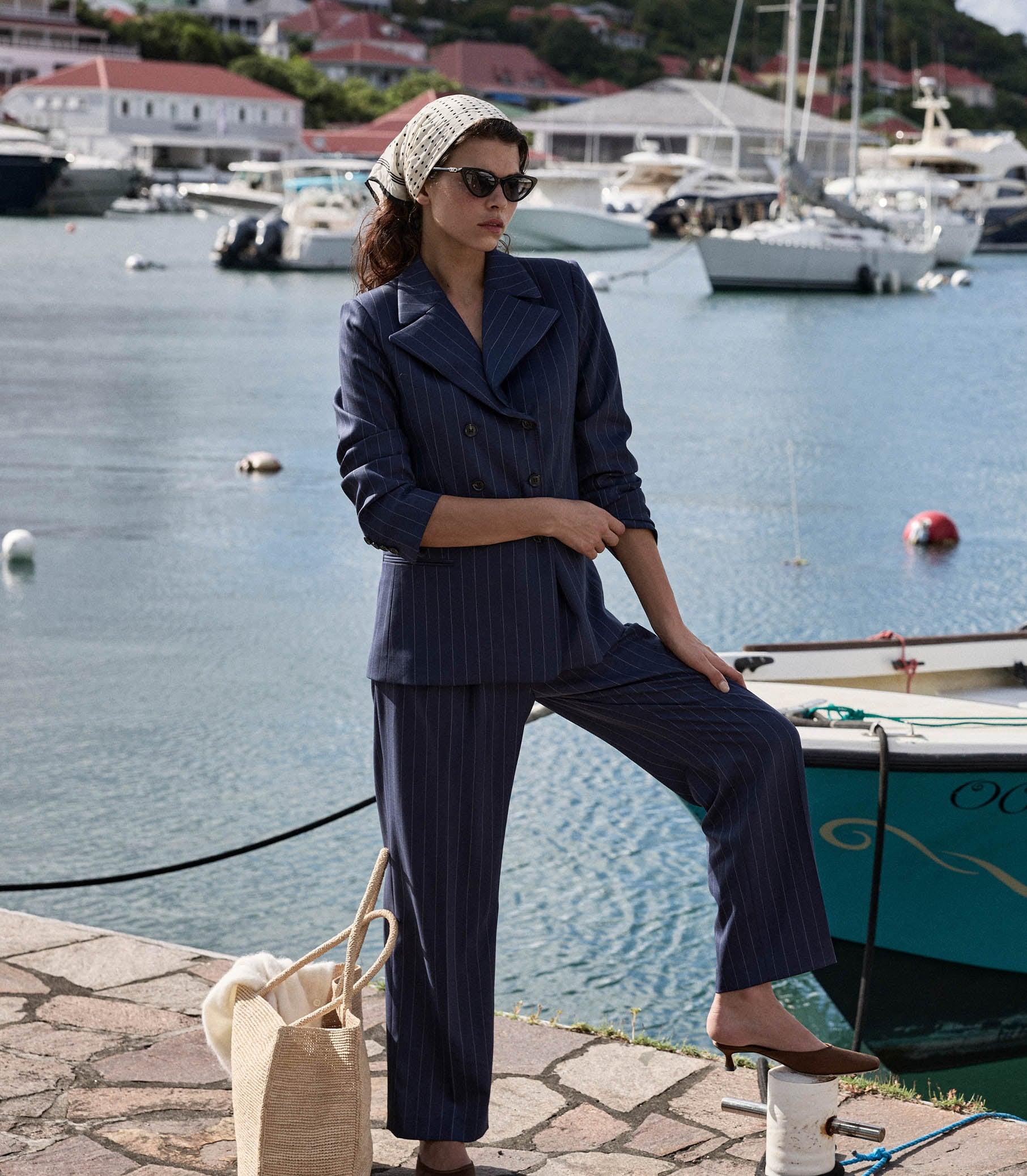 OLIVIA PANT -- NAVY GESSATO STRIPE Product Image