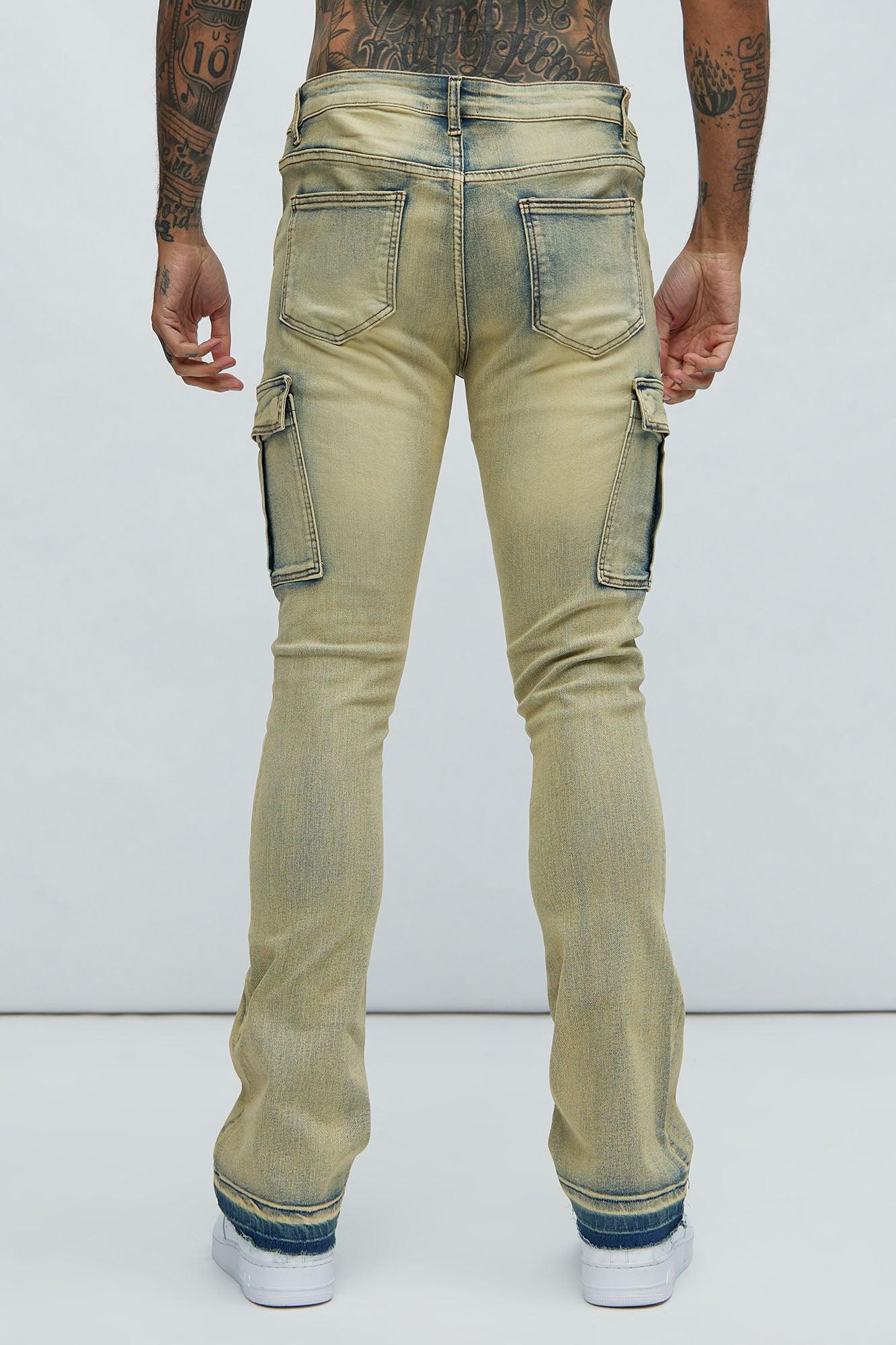 Ruthless Embroidered Stacked Skinny Cargo Flare Jeans - Vintage Blue Wash Product Image