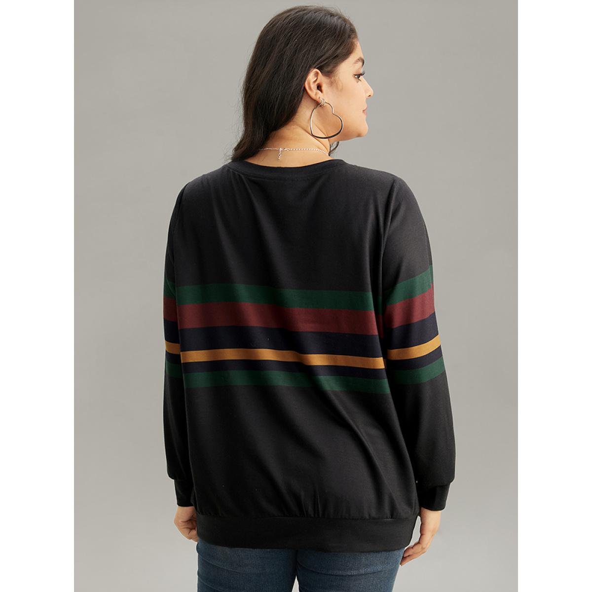 Plus Size Contrast Striped Basic Crew Neck Sweatshirt Women Black Casual Contrast Round Neck Dailywear Sweatshirts BloomChic 28/5X Product Image