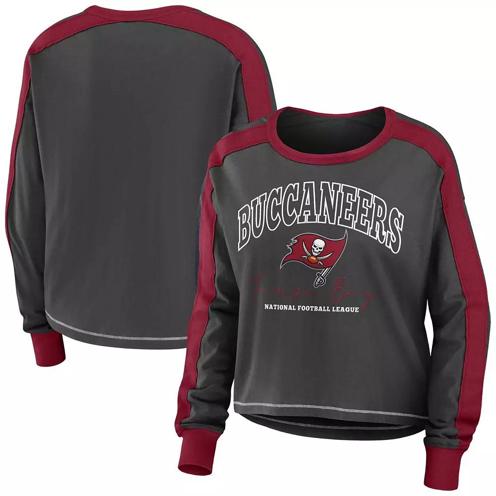 Women's WEAR by Erin Andrews Pewter/Red Tampa Bay Buccaneers Color Block Modest Crop Long Sleeve T-Shirt,  Product Image