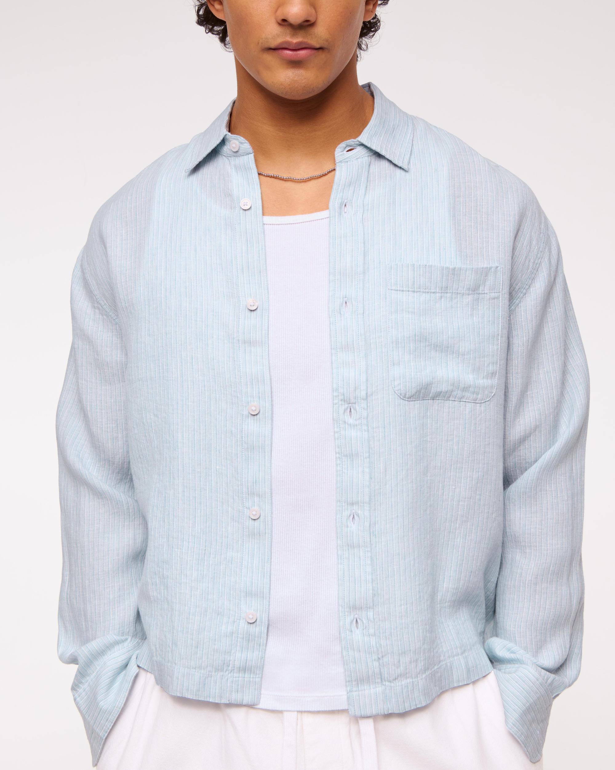 Cropped Linen Button-Up Shirt Product Image