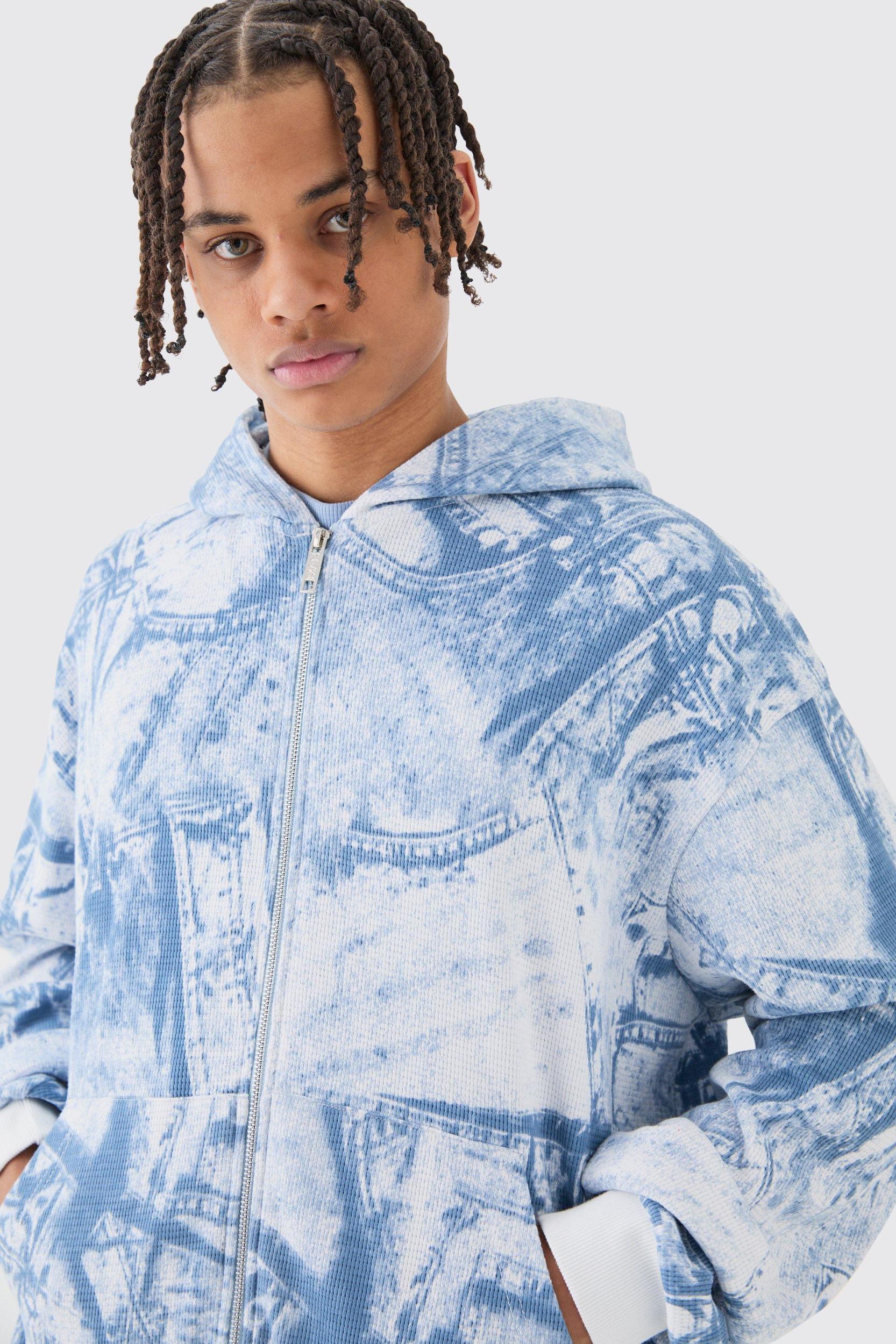 Boxy Zip Through Printed Heavyweight Waffle Hoodie | boohooMAN USA Product Image