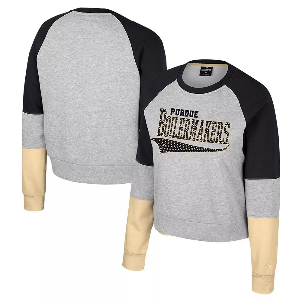 Women's Colosseum Heather Gray Purdue Boilermakers Katinka Rhinestone Scoop Neck Pullover Sweatshirt,  Product Image