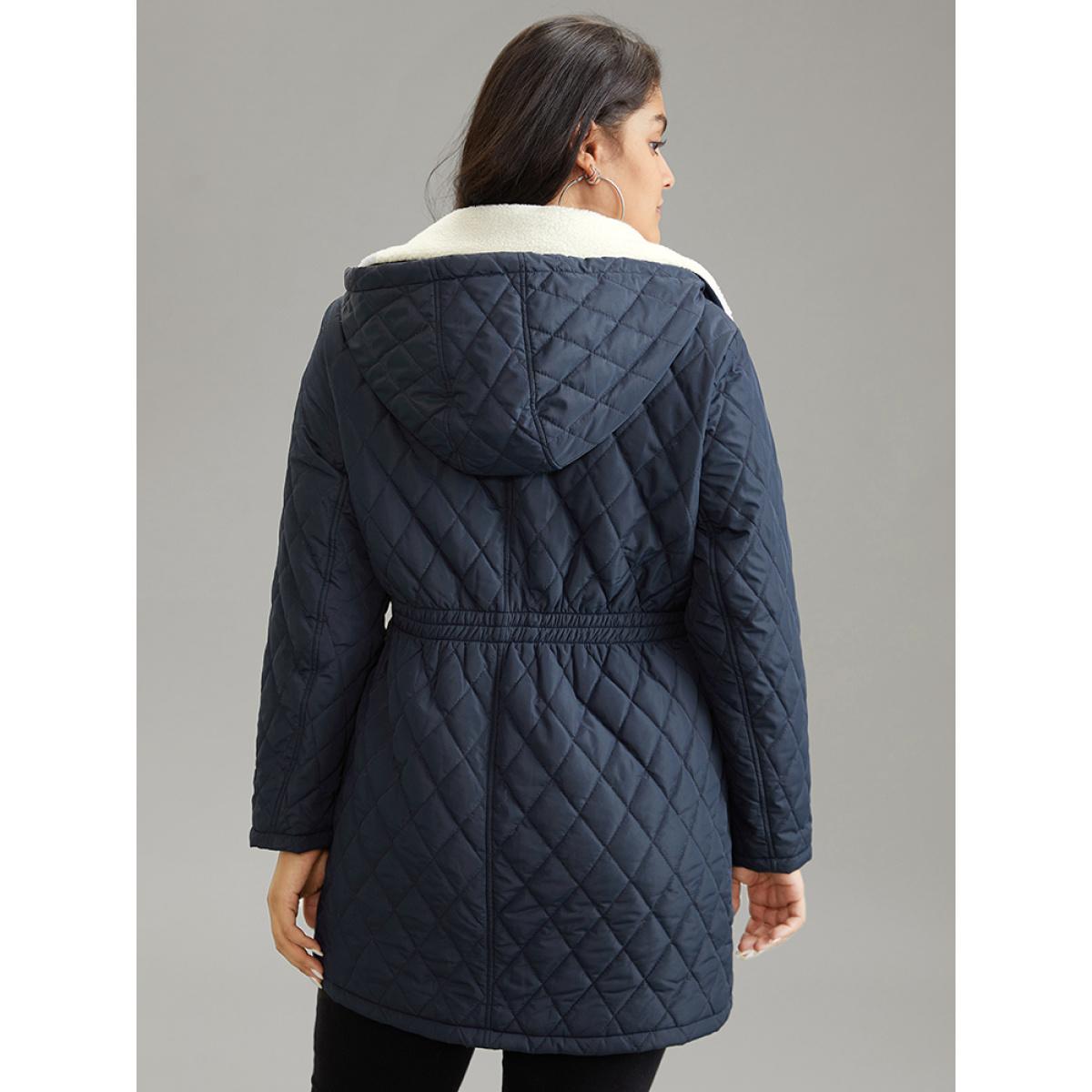 Plus Size Patchwork Padded Fuzzy Trim Zipper Quilted Coat Women Indigo Casual Lined Ladies Everyday Winter Coats BloomChic 26/4X Product Image