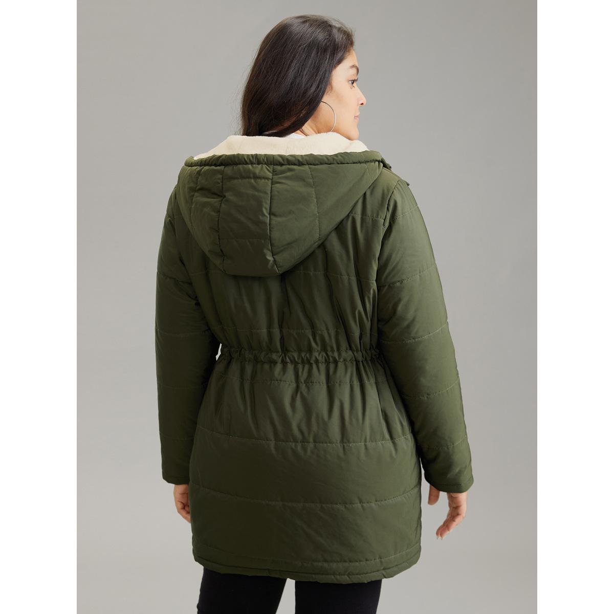 Plus Size Solid Drawstring Patchwork Fluffy Hooded Padded Coat Women ArmyGreen Casual Lined Ladies Dailywear Winter Coats BloomChic 10/M Product Image